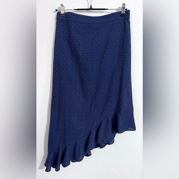 J. Crew Mercantile Eyelet Asymmetrical Ruffle Midi Skirt, navy blue, size small - Picture 1 of 8